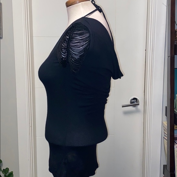 Black Fringed Shoulder t shirt - Picture 3 of 5